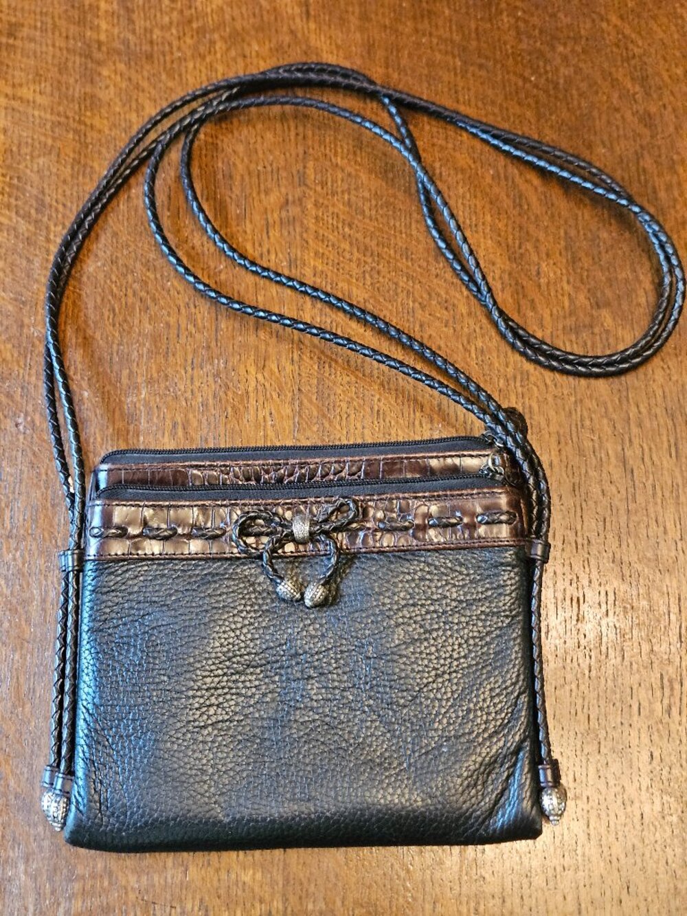 Brighton Black Pebbled Leather Crossbody Bag With Brown Trim